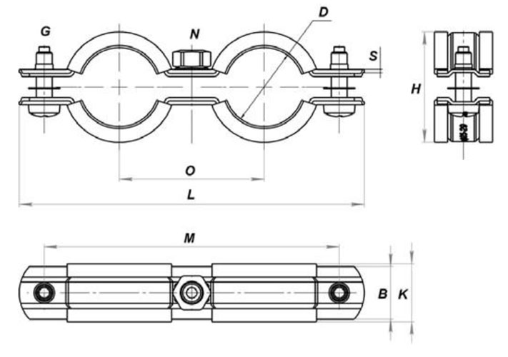 Хомут STOUT SAC-0020 3/8″ двойной для труб Ду(15-19), в комплекте со шпилькой-шурупом и пластиковым дюбелем, корпус - оцинкованная сталь, уплотнение - EPDM