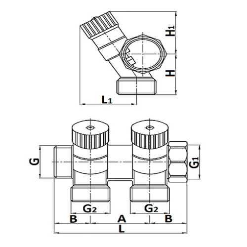 Коллектор STOUT SMB 6851 1″-3/4″ Ру10 распределительный, корпус- никелированная латунь, 2 отвода