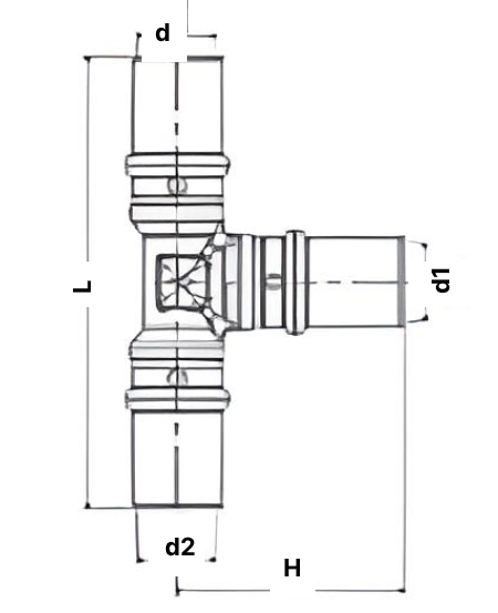 Тройник STOUT SFP-0005 Ду32x20x32 Ру16, латунь, пресс, переходной, для металлопластиковых труб