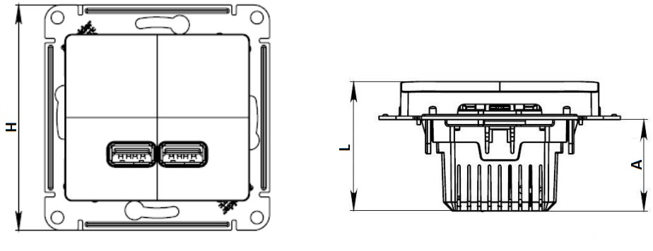 Розетка Systeme Electric AtlasDesign USB 2-местная для скрытой установки 5В/2.1 А, 2х5В/1.05 А, механизм, карбон
