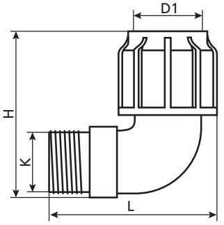 Отвод компрессионный TEBO KOM-NR Дн63x1 1/2″ Ру10 для ПНД труб, переходной, разъемный, наружная резьба, корпус - полипропилен