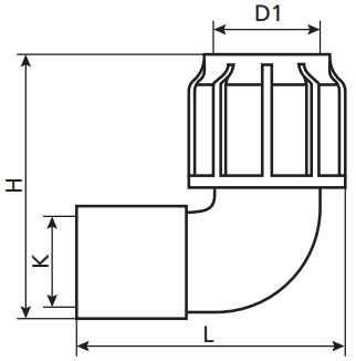 Отвод компрессионный TEBO KOM-VR Дн63x2″ Ру10 для ПНД труб, переходной, разъемный, внутренняя резьба, корпус - полипропилен