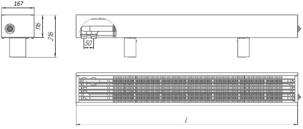 Конвекторы напольные проходные TEPLA Neo Expo 116х167 0.429-2.461 кВт Ру10, водяные, подключение нижнее правое, наружная резьба 3/4″