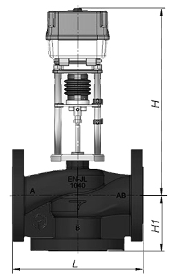 Клапан регулирующий трехходовой TRV-3 Ду25 Ру16 с электроприводом TSL-1600-25-1A-24-IP67, датчик 4-20 мА (2-10 V) 24В