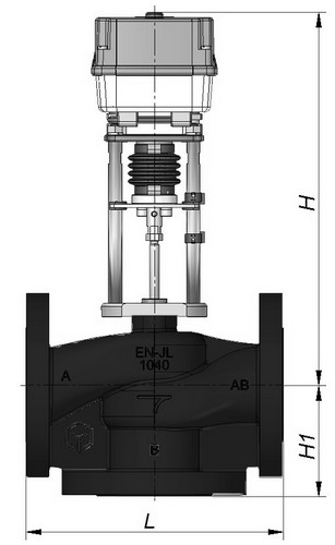 Клапан регулирующий трехходовой TRV-3 Ду40 Ру16 с электроприводом TSL-1600-25-2A-24-IP67, датчик 4-20мА (2-10 V) 24В