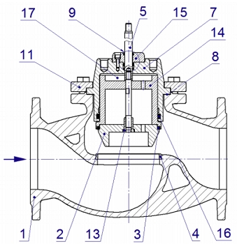Эскиз Клапан регулирующий двухходовой TRV-T (25ч945нж, 25ч945п) Ду150 Ру16 с электроприводом TSL-3000-60-1-230-IP67