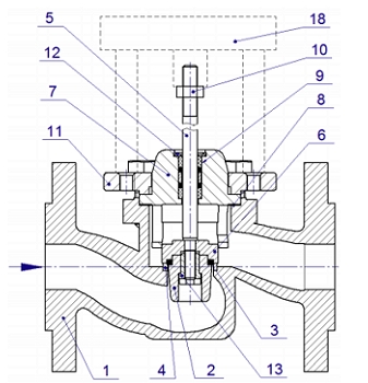 Эскиз Клапан регулирующий двухходовой TRV-T (25ч945нж, 25ч945п) Ду25 Ру16 с электроприводом TSL-1600-25-1R-230-IP67 (с функцией реверса)