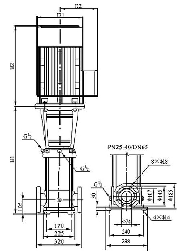 Насос многоступенчатый TESK SB 32-3 SVMT Ду65 Ру26 вертикальный центробежный, с круглыми фланцами, мощность - 5.5кВт, напор - 54м, производительность - 40м3/ч, 3х380В, корпус - чугун