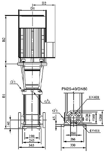 Насос многоступенчатый TESK SB 64-3 SVMT Ду100 Ру22 вертикальный центробежный, с круглыми фланцами, мощность - 18.5кВт, напор - 80м, производительность - 80м3/ч, 3х380В, корпус - чугун