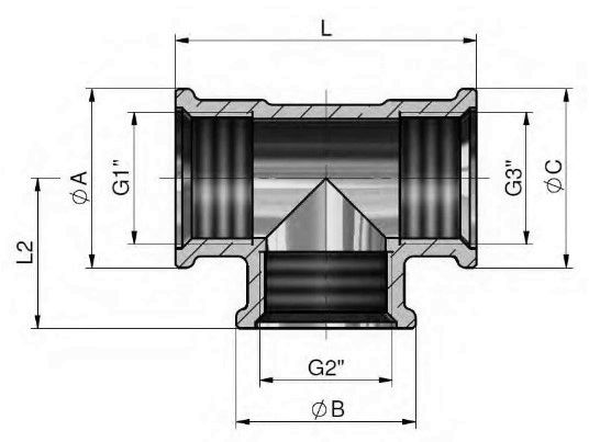 Тройник TIEMME 1570N 1″x3/4″x1″ Ду43,5x36,5x43,5 Pу30 внутренняя резьба корпус - латунь никелированная для стальных труб
