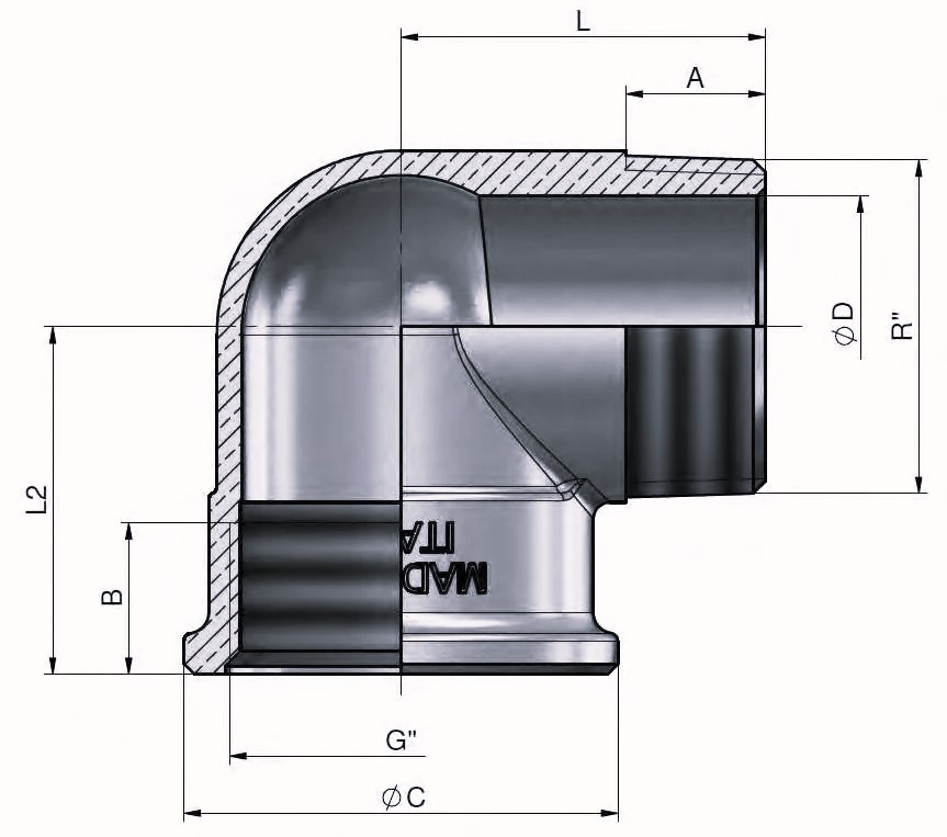 Угольник TIEMME 1561N 1/2″ Ду28x15 Pу30 наружная / внутренняя  резьба корпус -  латунь никелированная для стальных труб