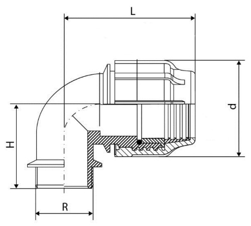 Отвод компрессионный ПЭ ТПК-АКВА 5001 НР Дн20x1/2″ Ру16 90° с наружной резьбой