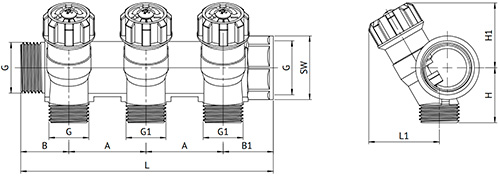 Коллектор Uni-Fitt 400N 3/4″x4x1/2″ Ду20 Ру10 с вентилями, наружная/внутрення резьба, материал- латунь, покрытие - никель