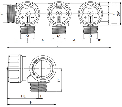 Коллектор Uni-Fitt 414C 3/4″x4x1/2″ Ду20 Ру16 с вентилями и выходами под 90 градусов, наружная/внутрення резьба, материал- латунь, покрытие - хром