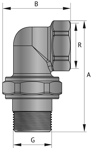 Соединители латунные Uni-Fitt 1/2-1″ Ду15-25 Ру30 разъемные, угловые, с прокладкой O-Ring, корпус - латунь, покрытие - никель, присоединение - наружная/внутренняя резьба