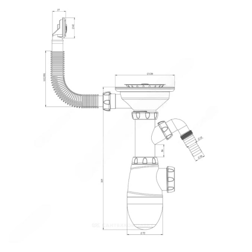 Сифон для кухонной мойки бутылочный Unicorn B431V 3 1/2″х40 с гибким переливом, с отводом (штуцером), с нержавеющей решеткой