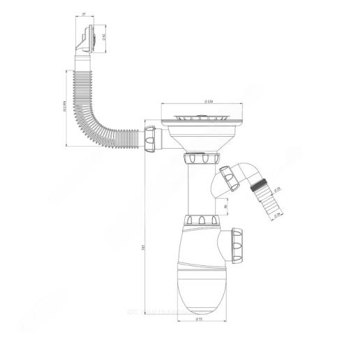 Сифон для кухонной мойки бутылочный Unicorn B431VP 3 1/2″х40 с гибким переливом, с отводом (штуцером), с нержавеющей решеткой