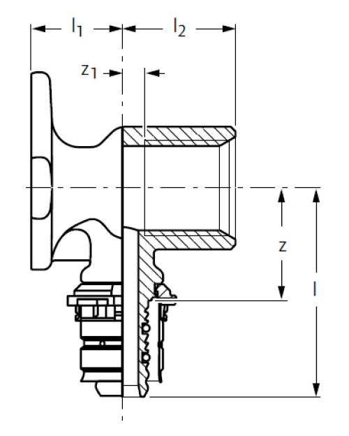Водорозетка Uponor МLC Press Дн16х1/2″ Ру10, пресс / внутренняя резьба, корпус - латунь луженая, пресс гильза - алюминий, длинная, для металлопластиковых труб