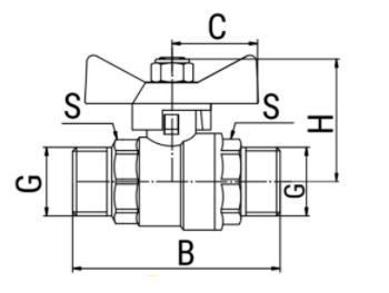Эскиз Кран шаровой 11б27фт1М VALFEX 3/4″ Ду20 Ру40 полнопроходной, никелированный, наружная резьба, ручка-бабочка (VF.219.NB1.034)
