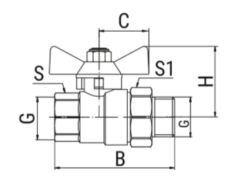 Эскиз Кран шаровой 11б27фт1М VALFEX OPTIMА 1/2″ Ду15 Ру16 полнопроходной, латунный, внутренняя резьба/″американка″, ручка-бабочка (VF.227.L0B1.012)