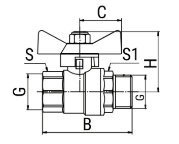 Эскиз Кран шаровой 11б27фт1М VALFEX 1″ Ду25 Ру40 полнопроходной, латунный, внутренняя/наружная резьба, ручка-бабочка (VF.218.LB1.100)