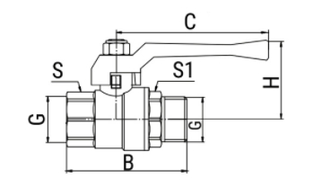 Эскиз Кран шаровой 11б27фт1М VALFEX 1″ Ду25 Ру40 полнопроходной, латунный, внутренняя/наружная резьба, ручка-рычаг (VF.215.LR1.100)