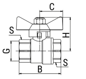 Эскиз Кран шаровой 11б27фт1М VALFEX OPTIMА 3/4″ Ду20 Ру16 полнопроходной, никелированный, внутренняя резьба, ручка-бабочка (VF.217.NLB1.034)
