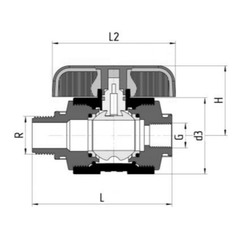 Кран шаровой Valfex компрессионный PP-R Дн20 3/4″x1″ Ру16 полнопроходной внутренняя-наружная резьба, корпус - полипропилен