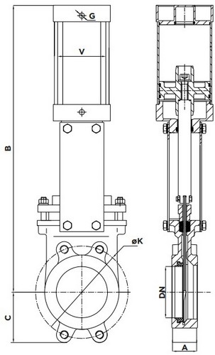 Задвижка шиберная ножевая Valstok VA-013-01-0200-PN10-SsP-D/A-N Ду200 Ру10 межфланцевая, корпус - чугун GJS-400-15 (GGG40), нож - нержавеющая сталь AISI304, уплотнение - NBR, управление - пневмопривод двойного действия