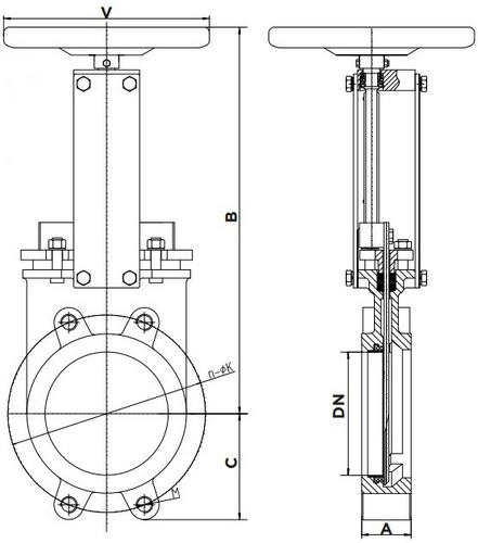 Задвижка шиберная ножевая Valstok VA-013-01-0350-PN6-SsP-HW(N)-N Ду350 Ру6 межфланцевая, шток - невыдвижной, корпус - чугун GJS-400-15 (GGG40), нож - нержавеющая сталь AISI304, уплотнение - NBR, управление - штурвал