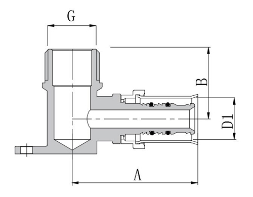 Угольник для металлопластиковых и PE-X труб Valtec VTm.255.N.001604 Дн16х1/2″ Ру25, латунный, присоединение пресс / наружная резьба (водорозетка)