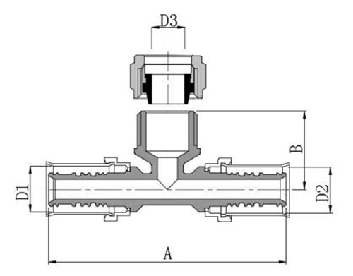 Тройники для металлопластиковых и PE-X труб Valtec VTm.233i Дн16-20 Ру25, латунные, присоединение пресс / обжим