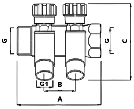 Коллекторы Valtec VTc.560.NE 1″ Ду25 выходов 2-4x3/4″ Py10 внутренняя/наружная резьба, выходы наружная резьба, корпус латунь, с регулирующими клапанами для трубопровода