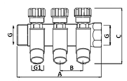 Коллектор Valtec VTc.560.N.0603 1″ Ду25 выходов-3x1/2″ Py10 внутренняя/наружная резьба, выходы наружная резьба, корпус латунь, с регулирующими клапанами