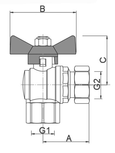 Кран шаровой VALTEC BASE VT.266.NS 3/4″х3/4″ Ду20х20 Ру40 угловой, укороченный, внутренняя /накидная гайка, ручка-бабочка, корпус - латунь