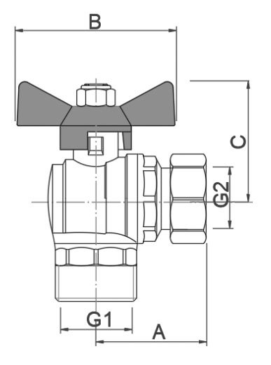 Кран шаровой VALTEC BASE VT.267.N 3/4″х3/4″ Ду20х20 Ру40 полнопроходной, угловой, наружная резьба /накидная гайка, ручка-бабочка, корпус - латунь никелированная