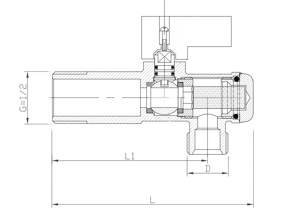 Кран шаровой VALTEC VT.282.N 1/2″хМ10 Ду15хM10 с фильтром, для жесткой подводки M10, наружная резьба / накидная гайка, угловой , латунный