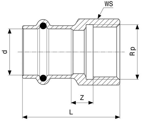 Муфты переходные Viega Prestabo 1112 Дн15-42x1/2-1 1/2″ Ру16 соединительные, оцинкованная сталь, внутренняя резьба / пресс, уплотнение EPDM