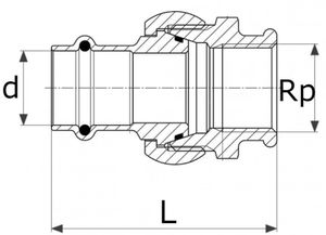 Соединители Viega 3793 Дн15-42x1/2-1 1/2″ Ру10 разъёмные, корпус-бронза, с плоским уплотнением, соединение пресс/резьба