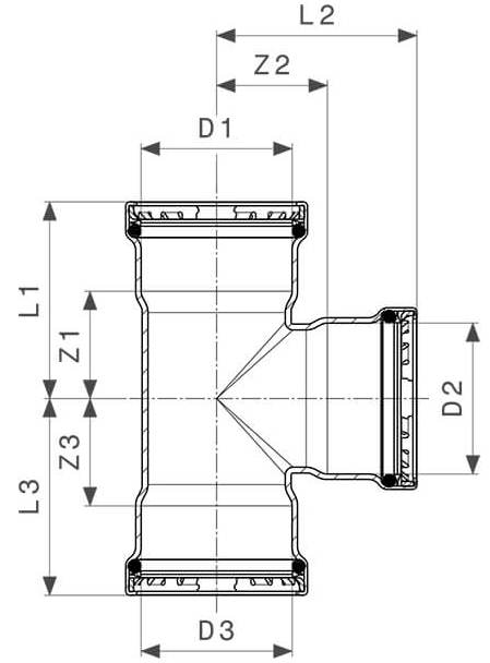 Тройник переходной Viega Megapress S XL с SC-Contur Дн4″х1 1/2″х4″ Ру16 стальной оцинкованный,  присоединение - пресс