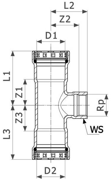Тройник равнопроходной Viega Megapress с SC-Contur Дн1/2″ Ру16 стальной оцинкованный,  присоединение - пресс/внутренняя резьба
