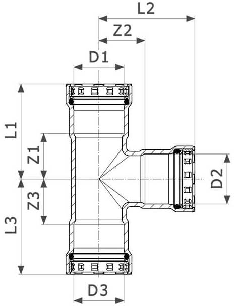 Тройник равнопроходной Viega Megapress с SC-Contur Дн3/4″ Ру16 стальной оцинкованный,  присоединение - пресс