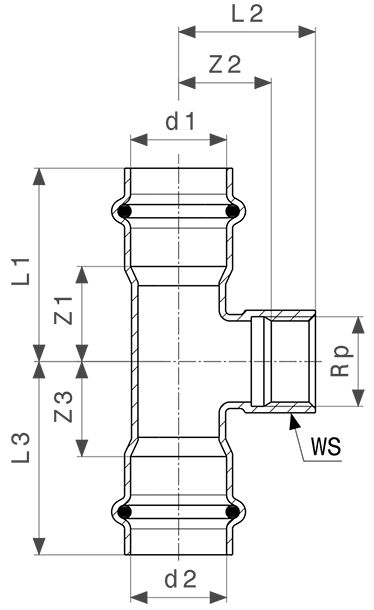 Тройник Viega Prestabo с SC-Contur Дн28х3/4″х28 Ру16 оцинкованная сталь, присоединение - пресс/внутренняя резьба, переходный