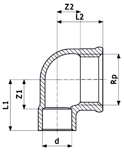 Угол переходной Viega 94090G Дн28x3/4″ Ру25, 90°, для медных труб, присоединение - пайка / внутренняя резьба