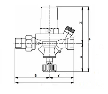 Эскиз Клапан подпиточный Watts Alimat ALM 1/2″ Ду15 Ру10 внутренняя резьба/американка, латунный, мембранный, с манометром и обратным клапаном, Рн = 0,3 - 4 бар (10025851)