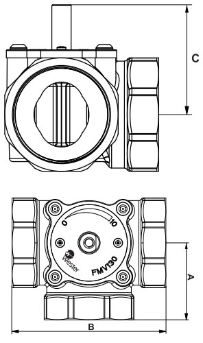 Клапан запорно-регулирующий Wester FMV 131E 1 1/4″ Ду32 Ру10 Kvs 15, трехходовой, смесительный, поворотный, корпус - латунь, присоединение - внутренняя резьба