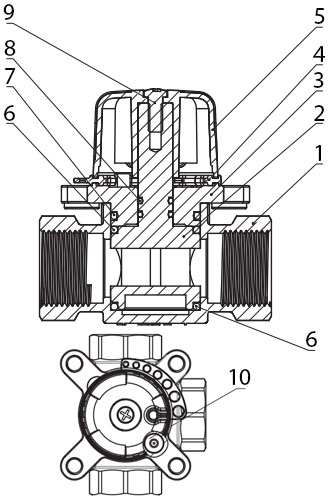 Клапан запорно-регулирующий Wester WRS3 1″ Ду25 Ру10 Kvs 10, трехходовой, смесительный, поворотный, корпус - латунь, присоединение - внутренняя резьба