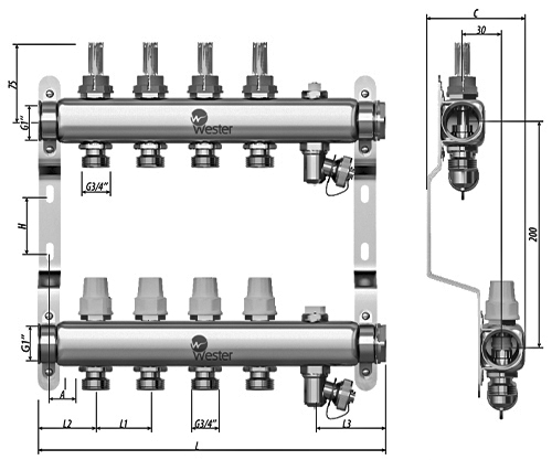 Коллекторная группа Wester W902 1″x3/4″x2 Ду25 Py10 из нержавеющей стали с регулирующими клапанами и расходомерами