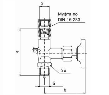 Эскиз Клапан игольчатый Wika 910.11 Ду15 Ру400 из нержавеющей стали, внутренняя/наружная резьба G1/2″ с маховиком без фланца DIN 16270 (9090967)