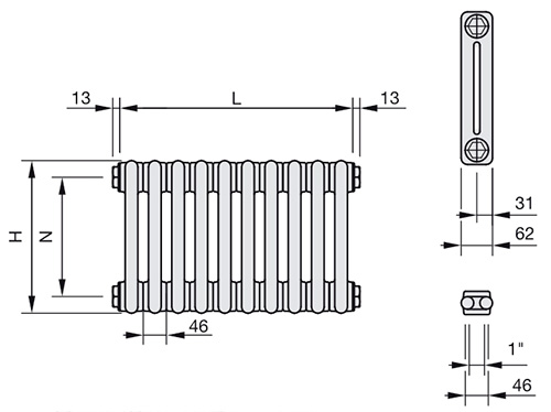 Радиаторы стальные трубчатые Zehnder Charleston Retrofit высота 558 мм, двухколончатые, присоединение резьбовое - 1/2″, подключение - нижнее, кронштейн в комплекте, цвет - RAL9016